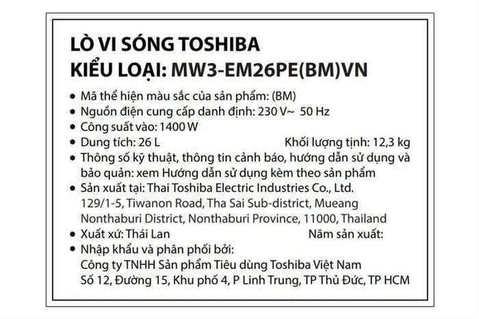 Lò vi sóng 26L Toshiba MW3-EM26PE(BM)VN - Thái Lan