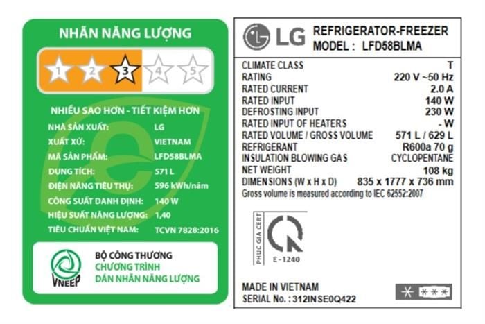 Tủ lạnh LG Inverter 571 lít Multi Door LFD58BLMA