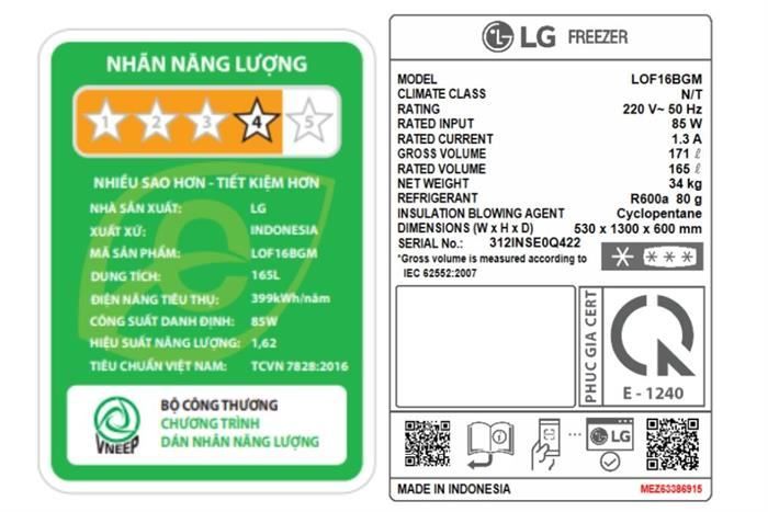 Tủ đông LG Inverter 165 lít LOF16BGM