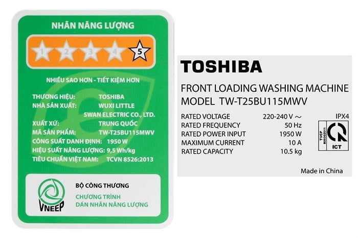 Máy giặt sấy Toshiba Inverter giặt 10.5 kg - sấy 7 kg TWD-T25BZU115MWV(MG)