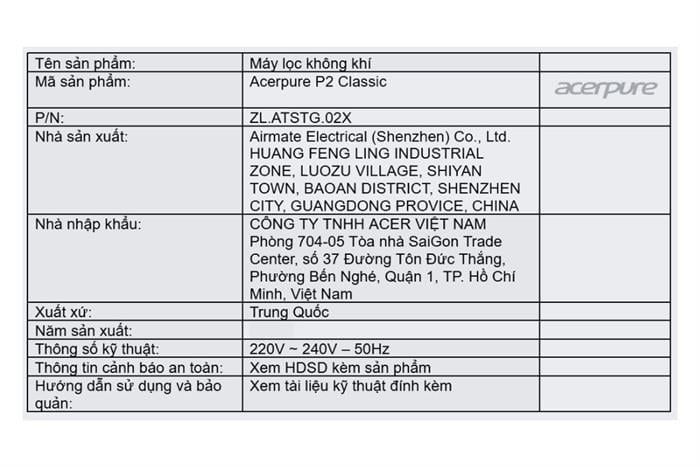 Máy lọc không khí Acerpure AP352-10W, 45m2