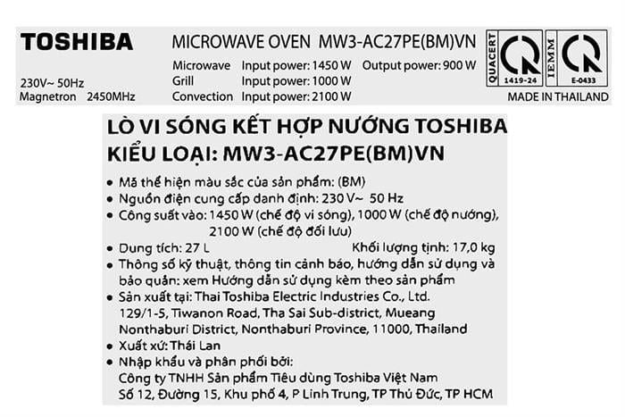 Lò vi sóng có nướng 27L Toshiba MW3-AC27PE(BM)VN - Thái Lan