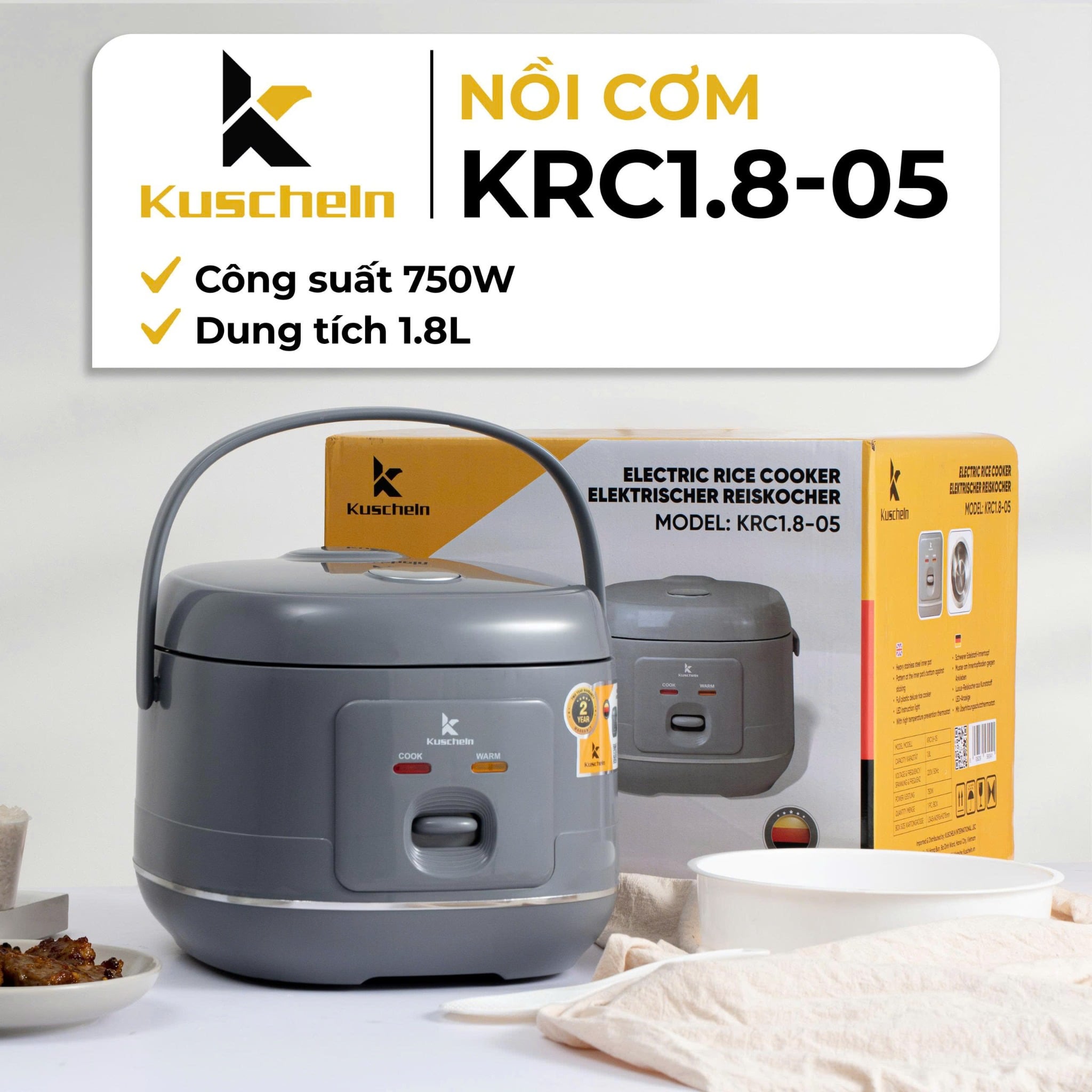 NỒI CƠM ĐIỆN 1L8 LÒNG NỒI INOX KUSCHELN - KRC1.8-04