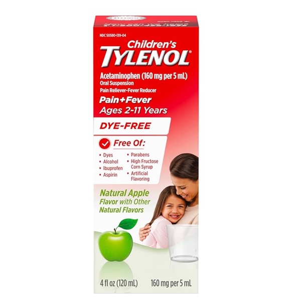 Siro hỗ trợ giảm đau hạ sốt Children's Tylenol Dye-free Pain + Fever Relief Liquid Nature Apple Flavor (không màu) 4Oz 120ml