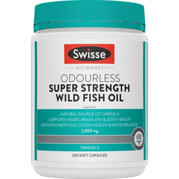  (Úc) Viên uống bổ sung Omega 3 Swisse Ultiboost Odourless Super Strength Wild Fish Oil Omega-3 2000 mg 200 viên 