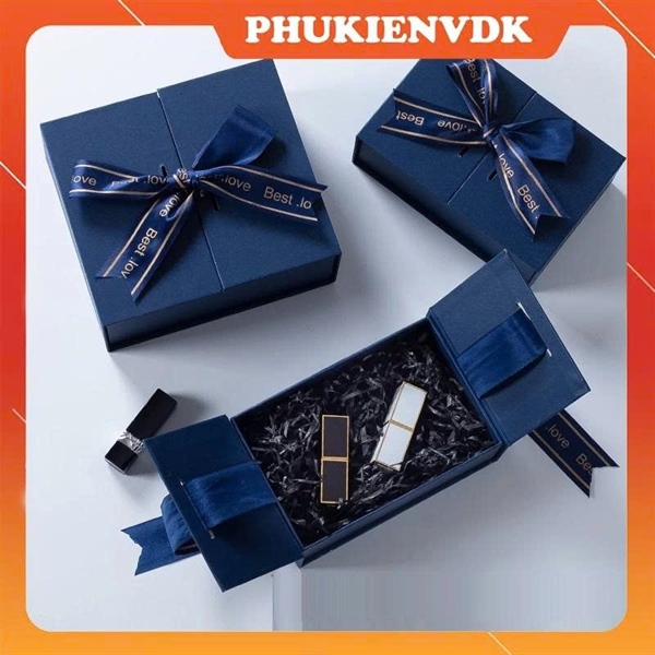  Hộp quà kim tuyến nắp nam châm thắt nơ xanh dương size 19*13*6cm 