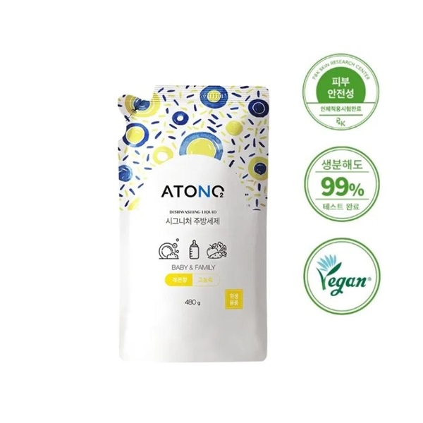 NK - Nước rửa bình, rau củ quả và chén bát thuần chay đậm đặc Atono2 cho bé từ 0M+ hương chanh 480g dạng túi 