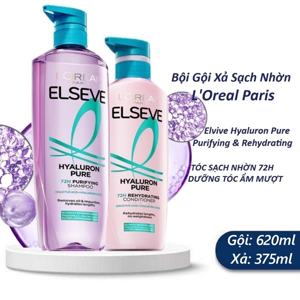  NK - Set gội xả cho da đầu dầu L'Oreal Paris Elseve Hyaluron Pure 620ml + 375ml 