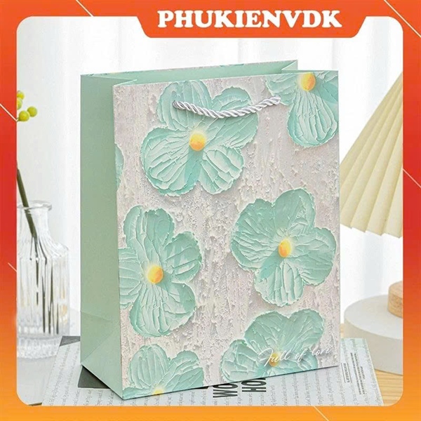  Túi giấy cứng hình hoa sơn dầu hoa xanh 25*12*33cm 