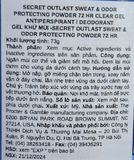  NK - Lăn khử mùi Secret Outlast Sweat & Odor Clear Gel Antiperspirant Deodorant Protecting Powder 48HR Protection 2.6 Oz 73g 