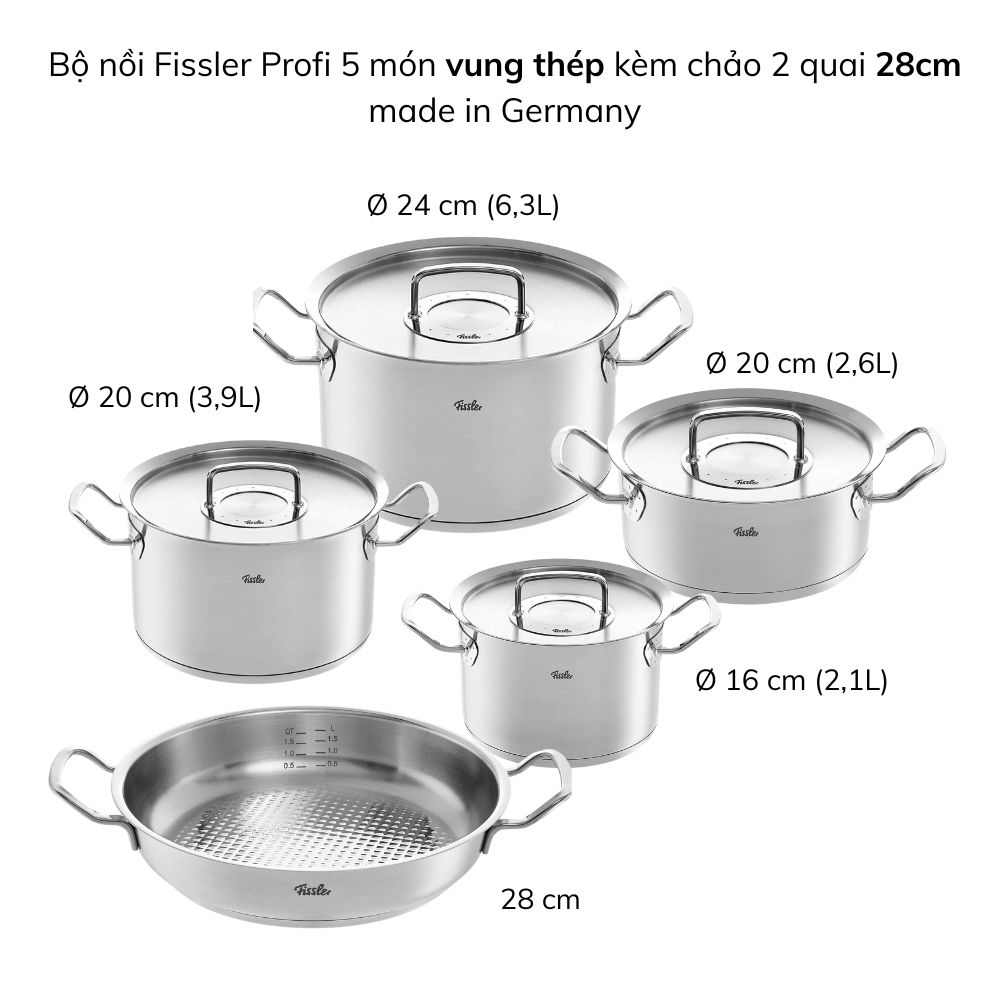 Bộ nồi Fissler Profi 5 món kèm chảo inox 2 quai Profi 24/28cm made in Germany