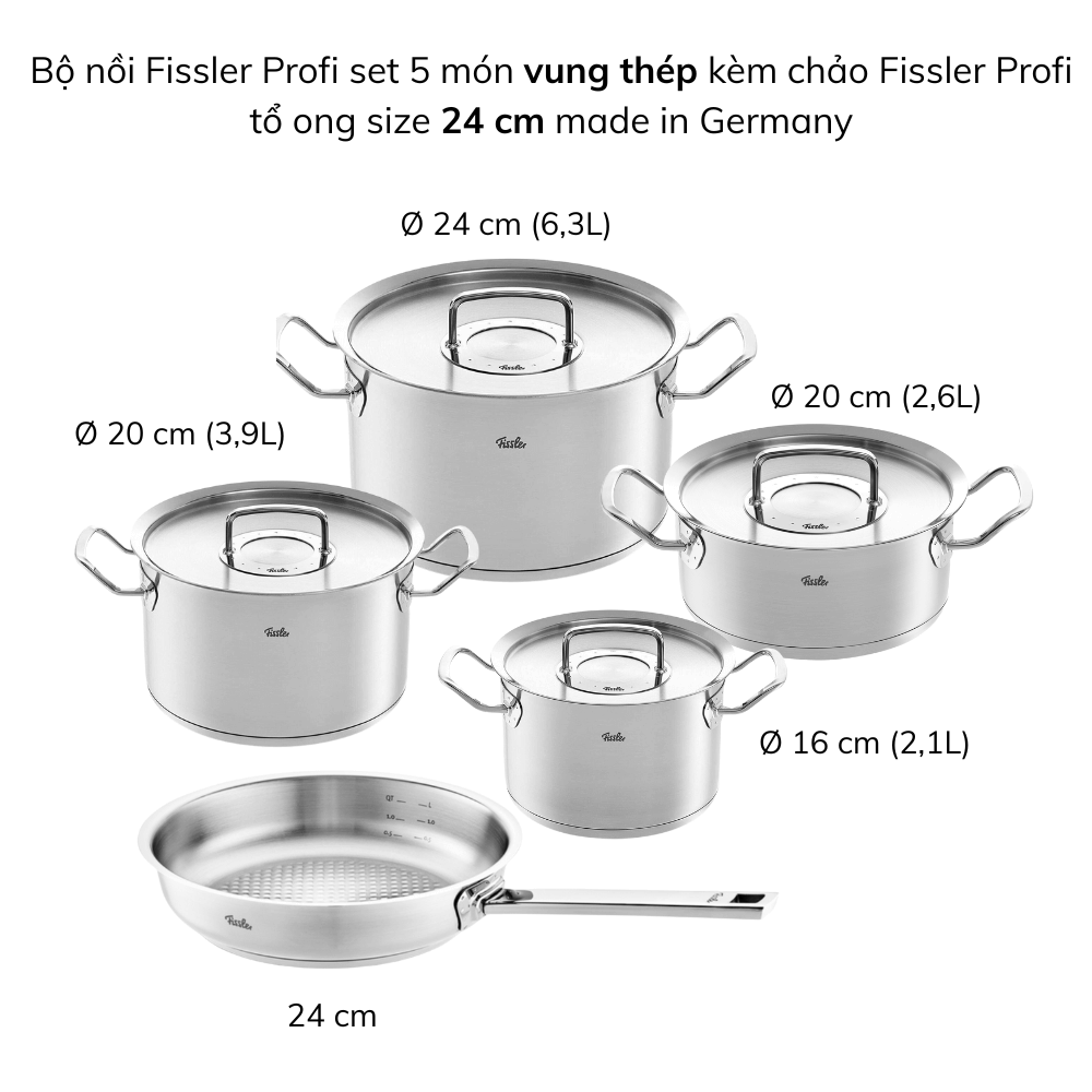 Bộ nồi Fissler Profi 5 món kèm chảo inox Profi 24/28cm made in Germany