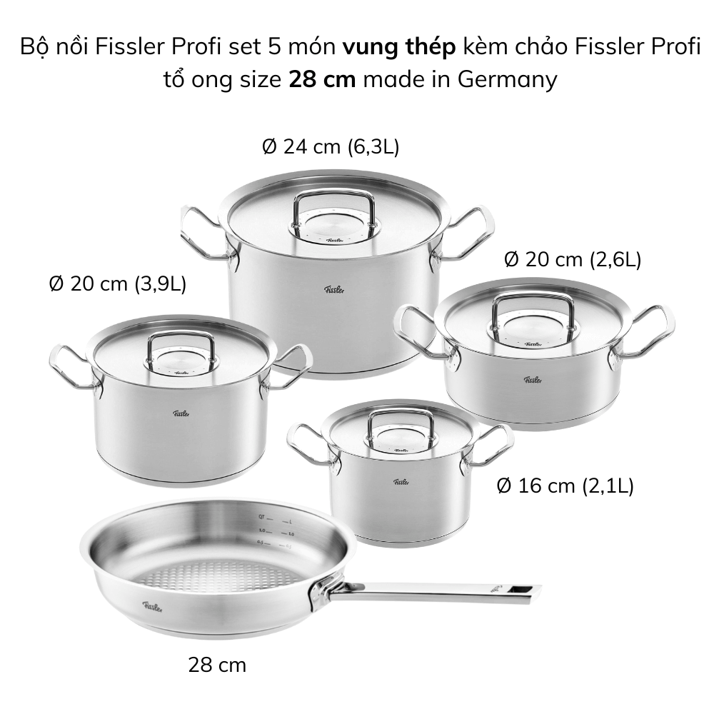 Bộ nồi Fissler Profi 5 món kèm chảo inox Profi 24/28cm made in Germany