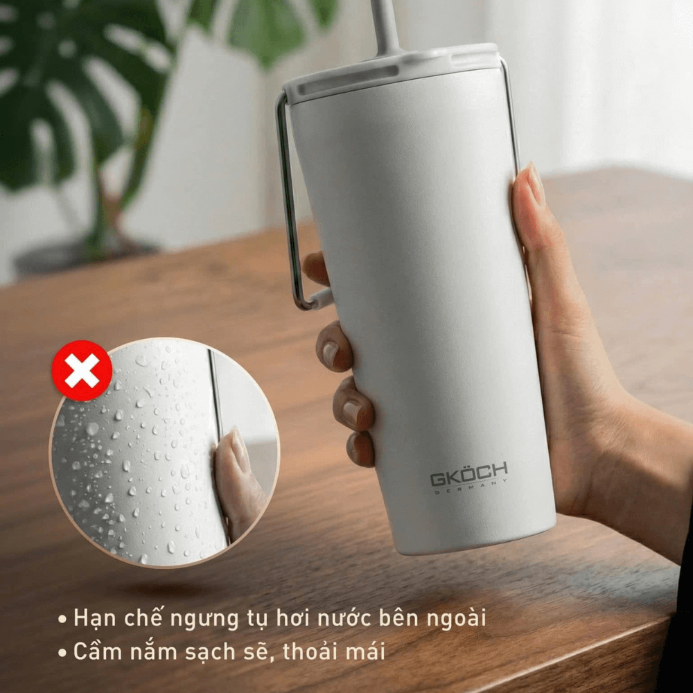 Cốc giữ nhiệt có ống hút đi kèm GKÖCH dung tích 600ml màu trắng