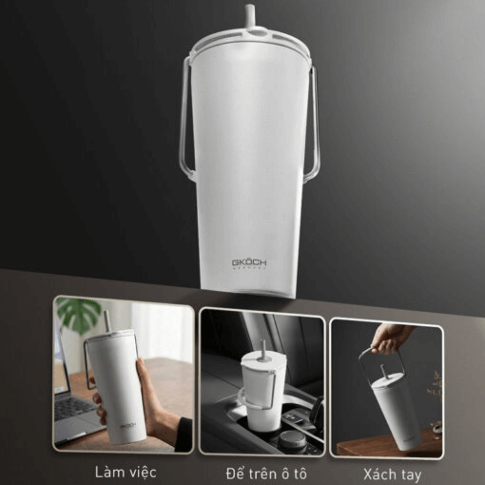 Cốc giữ nhiệt có ống hút đi kèm GKÖCH dung tích 600ml màu trắng