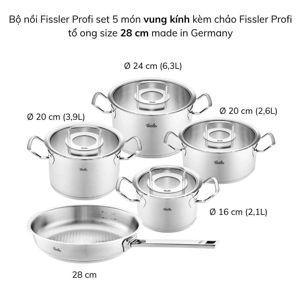 Bộ nồi Fissler Profi 5 món kèm chảo inox Profi 24/28cm made in Germany