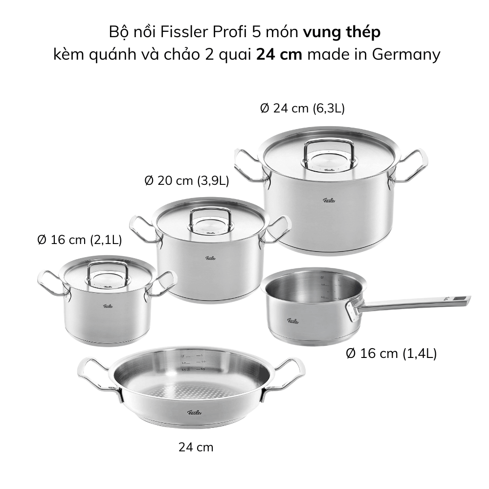 Bộ nồi Fissler Profi 5 món vung thép kèm quánh và chảo inox 2 quai 24/28cm made in Germany