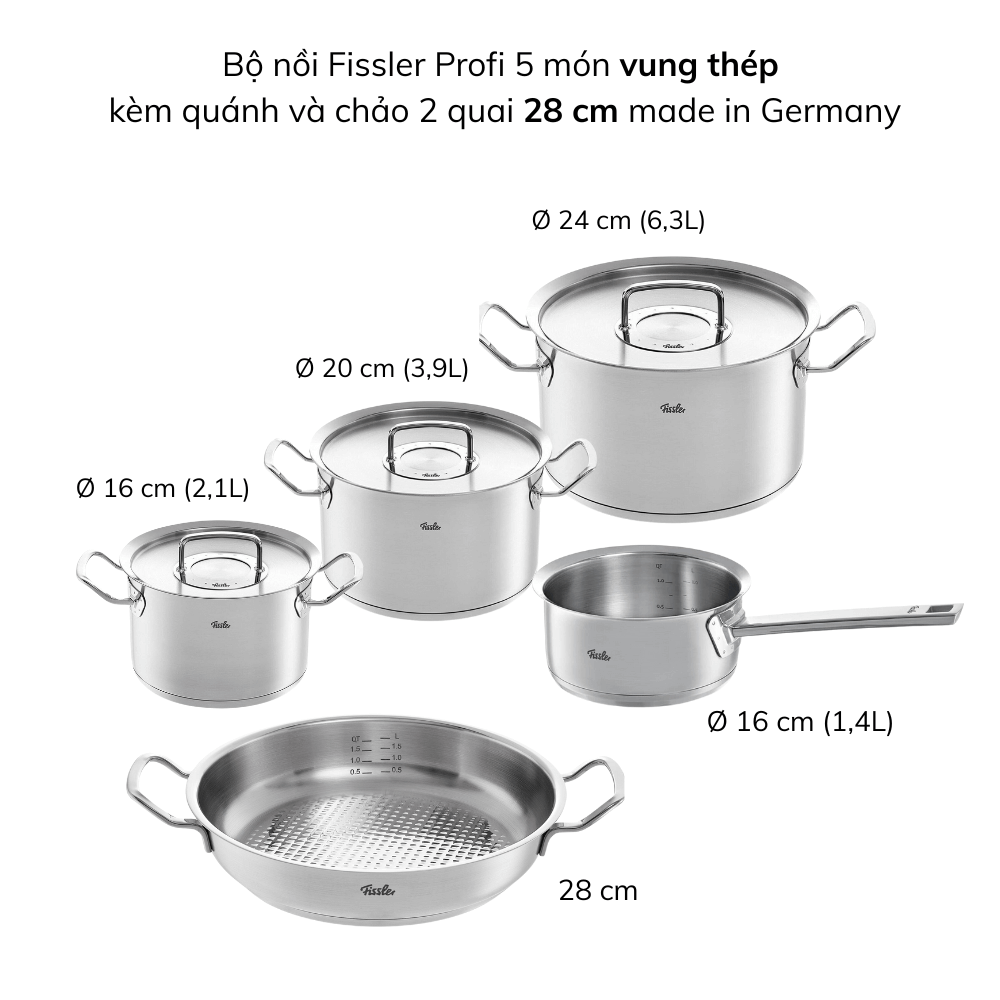 Bộ nồi Fissler Profi 5 món vung thép kèm quánh và chảo inox 2 quai 24/28cm made in Germany