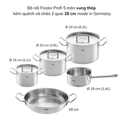 Bộ nồi Fissler Profi 5 món vung thép kèm quánh và chảo inox 2 quai 24/28cm made in Germany