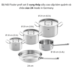Bộ nồi Fissler Profi set 5 vung thép siêu cao cấp kèm quánh và chảo inox Profi 24/28 cm made in Germany