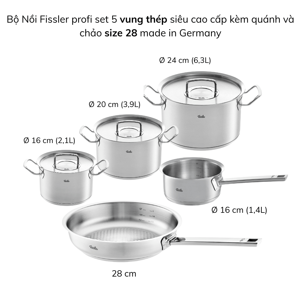 Bộ nồi Fissler Profi set 5 vung thép siêu cao cấp kèm quánh và chảo inox Profi 24/28 cm made in Germany