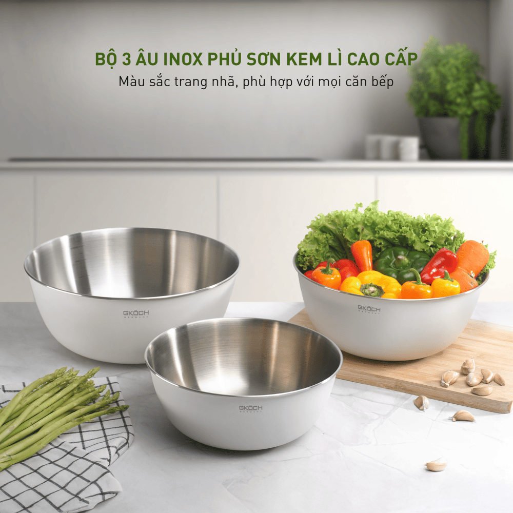 Bộ 3 âu inox phủ sơn kem lì 22-25-28cm GKÖCH MYTY0810