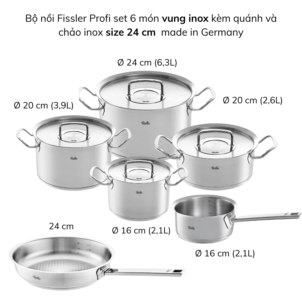 Bộ nồi Fissler Profi set 6 món vung thép kèm quánh và chảo inox Profi 24/28 cm made in Germany