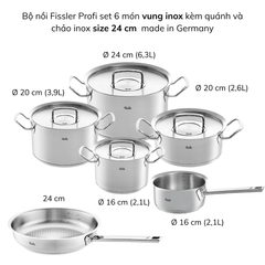 Bộ nồi Fissler Profi set 6 món vung thép kèm quánh và chảo inox Profi 24/28 cm made in Germany