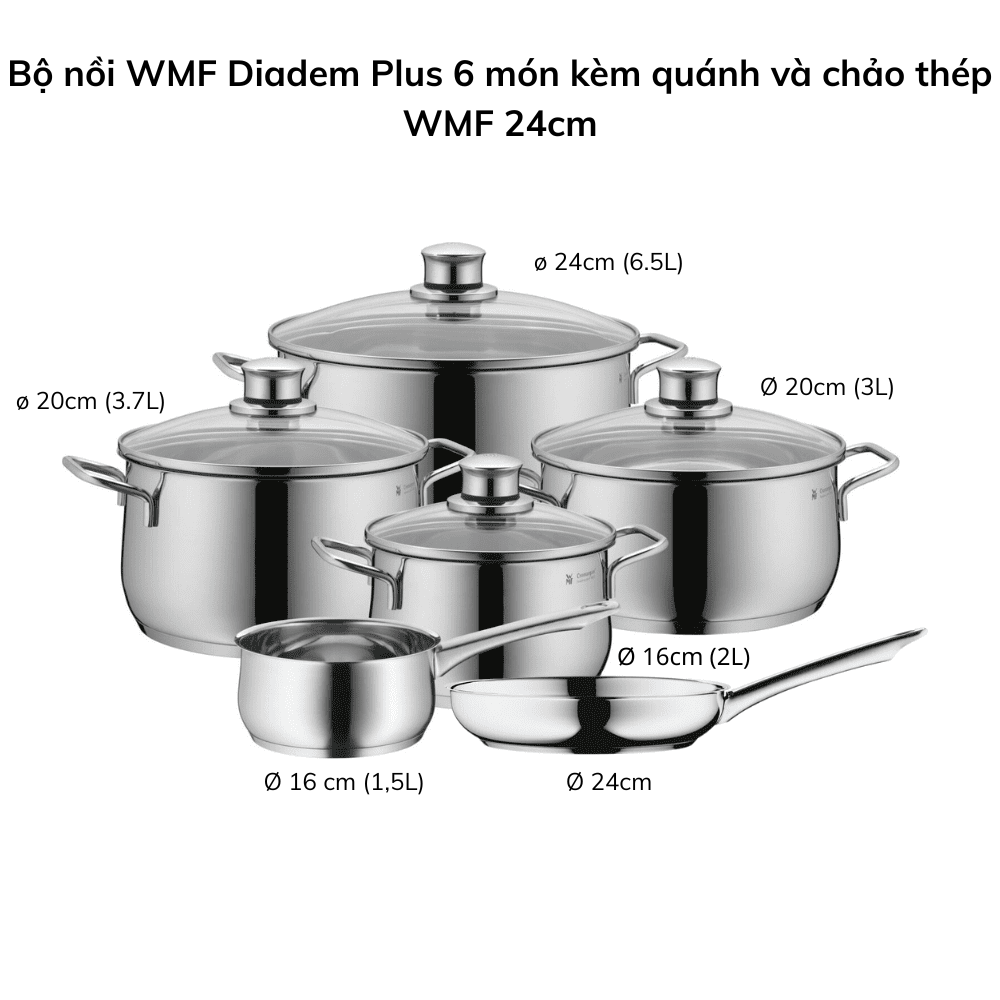 Bộ nồi WMF Diadem Plus 6 món kèm quánh và chảo thép WMF 24/28cm