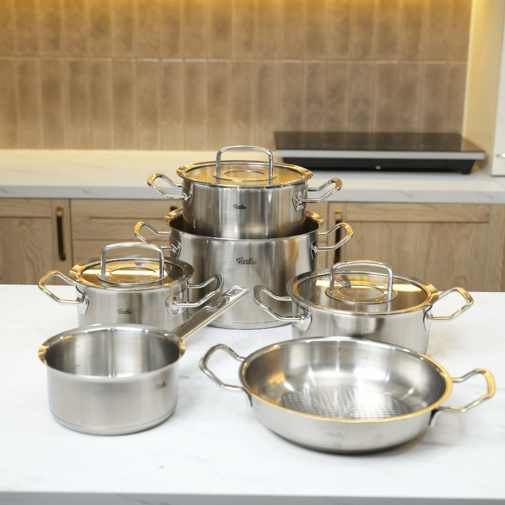Bộ nồi Fissler Profi 6 món kèm quánh và chảo inox Profi 2 quai made in Germany
