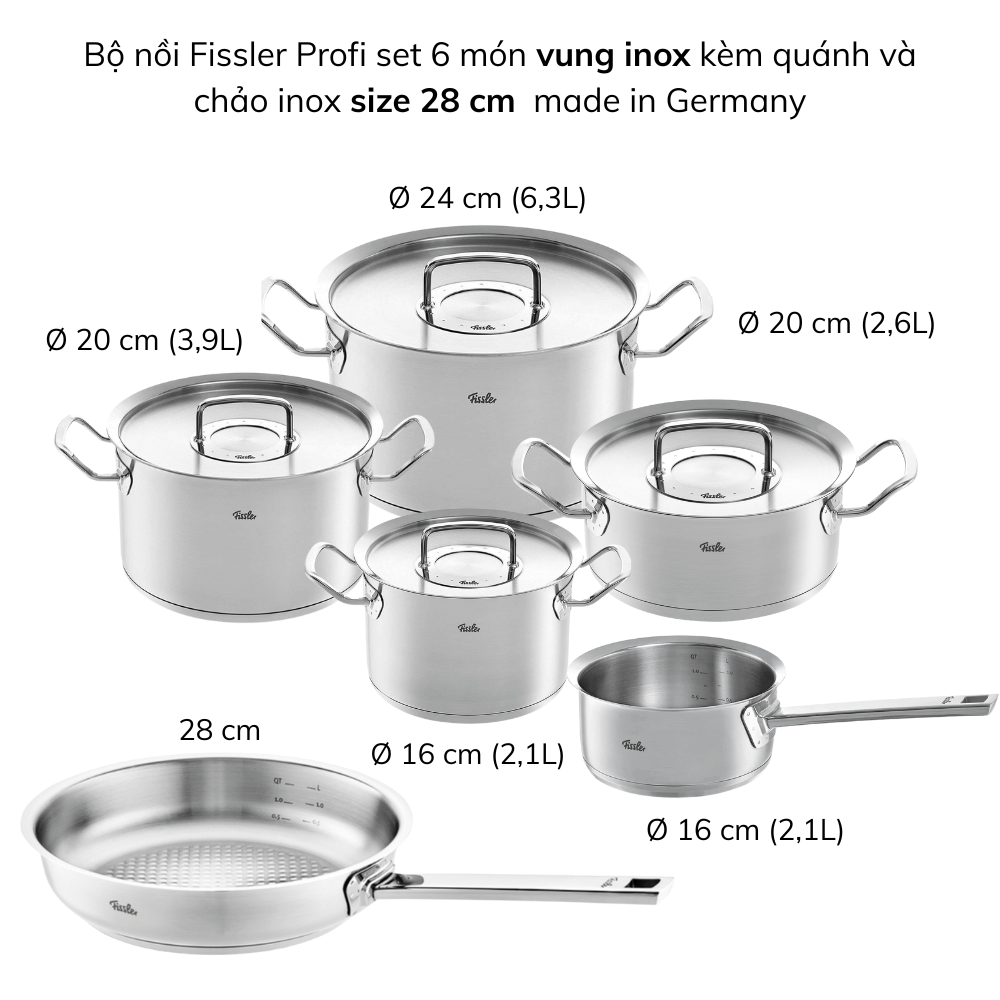 Bộ nồi Fissler Profi set 6 món vung thép kèm quánh và chảo inox Profi 24/28 cm made in Germany