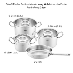 Bộ nồi Fissler Profi set 4 món vung kính kèm chảo Fissler Profi tổ ong 24/28cm made in Germany