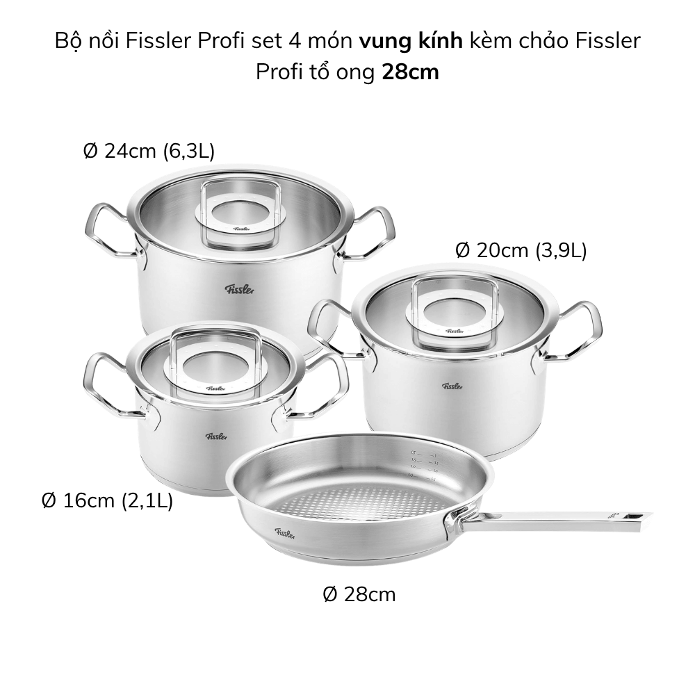 Bộ nồi Fissler Profi set 4 món vung kính kèm chảo Fissler Profi tổ ong 24/28cm made in Germany