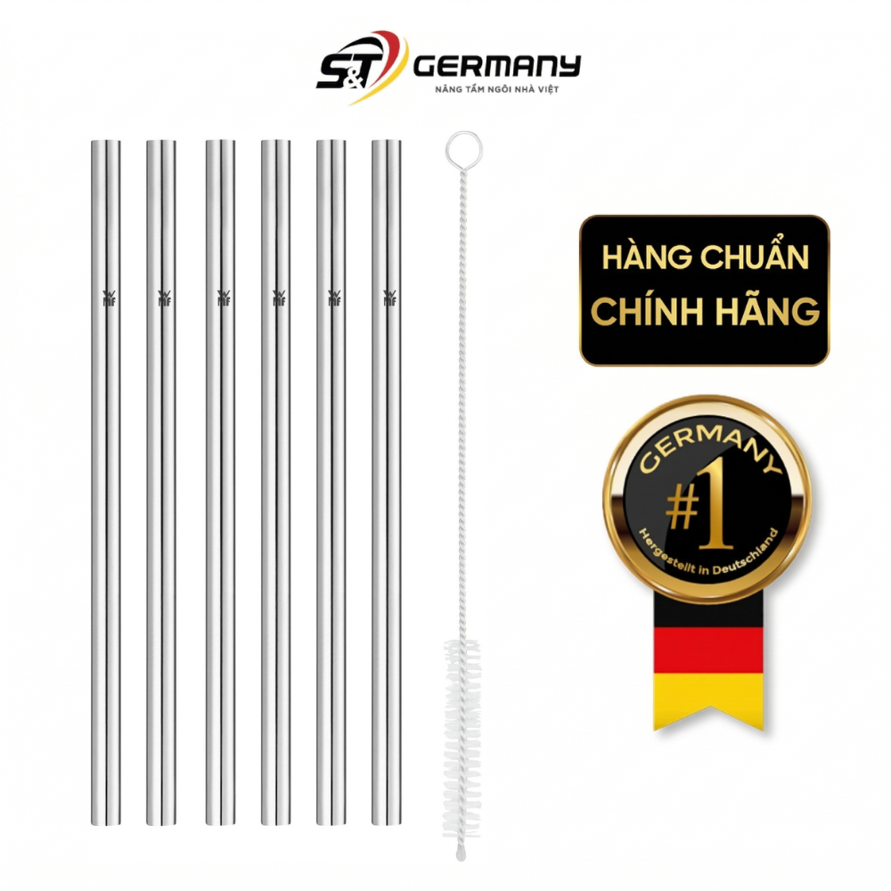 Bộ ống hút thẳng WMF Baric Cromargan 6 chiếc, kèm cọ rửa, cao 18cm