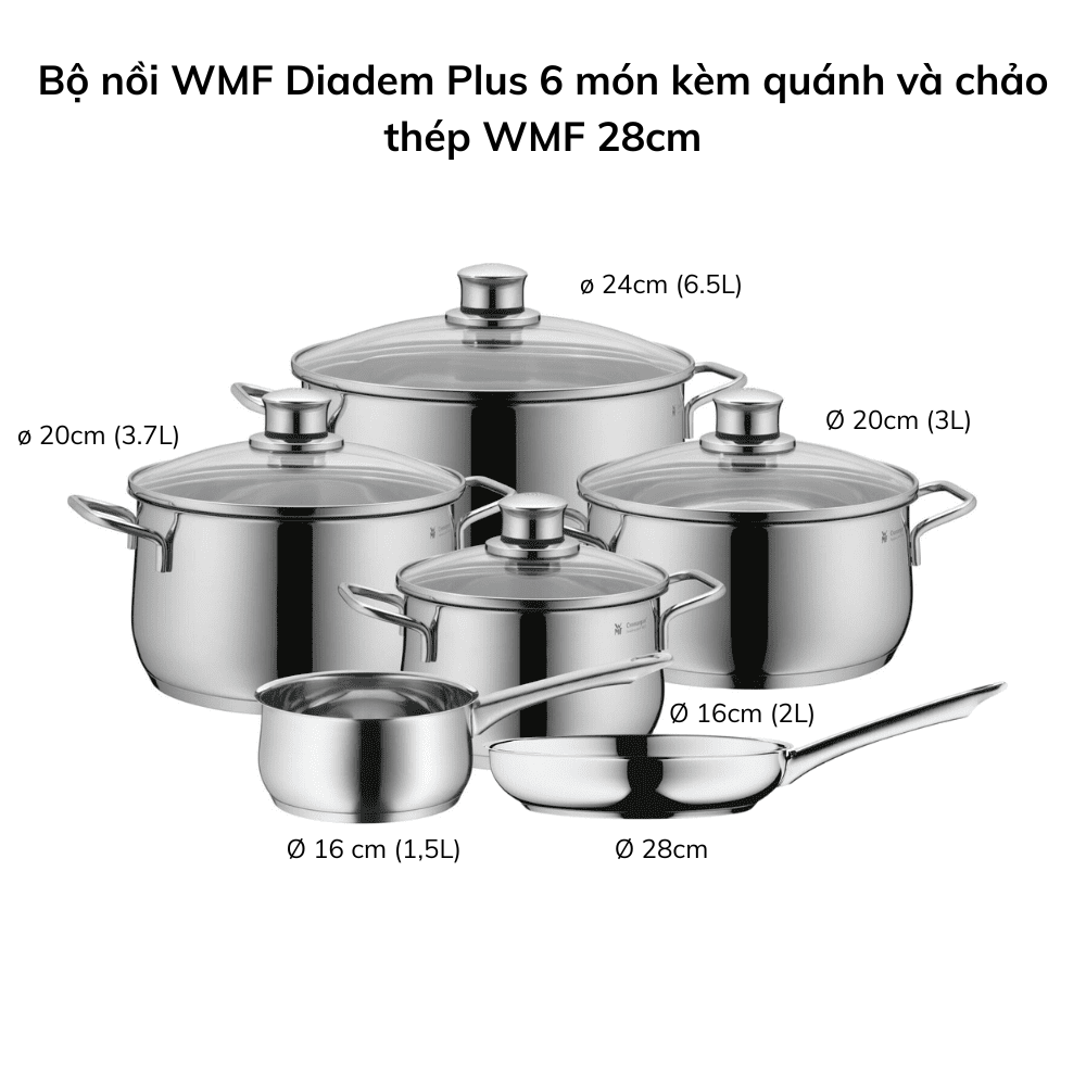 Bộ nồi WMF Diadem Plus 6 món kèm quánh và chảo thép WMF 24/28cm