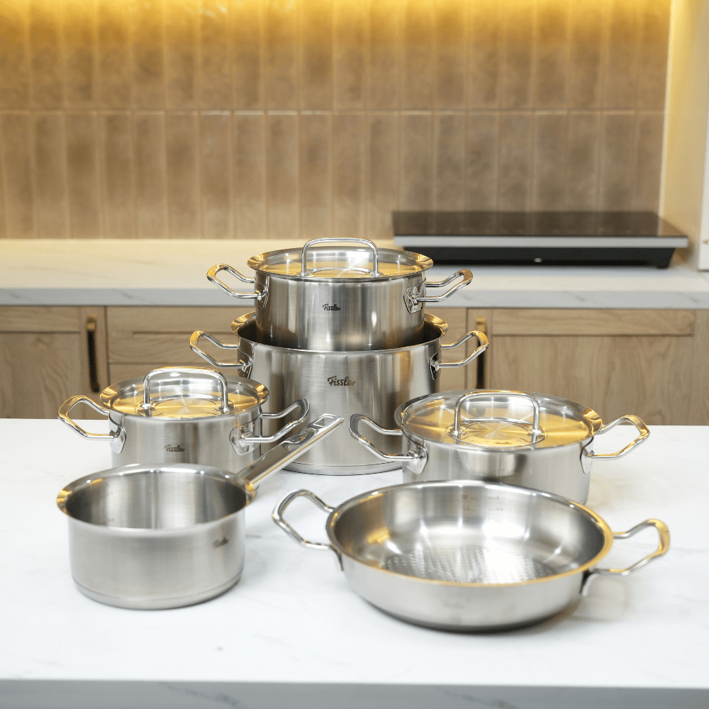 Bộ nồi Fissler Profi 6 món kèm quánh và chảo inox Profi 2 quai made in Germany