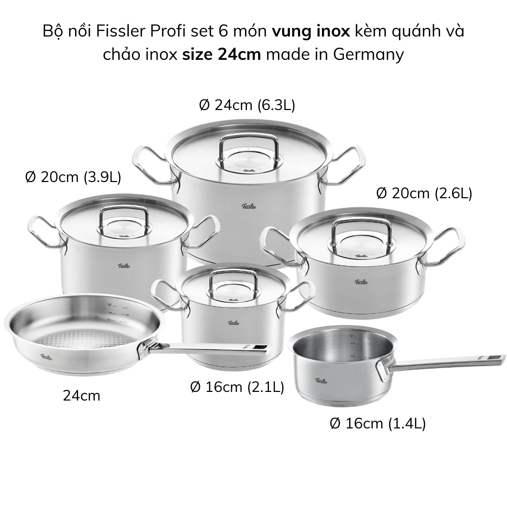 Bộ nồi Fissler Profi set 6 món kèm quánh và chảo inox Profi made in Germany