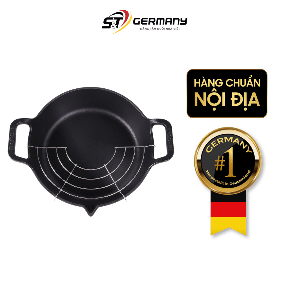 Chảo gang mỏ quạ nắp kính kèm vỉ ráo dầu GKÖCH 24cm Cip 21A