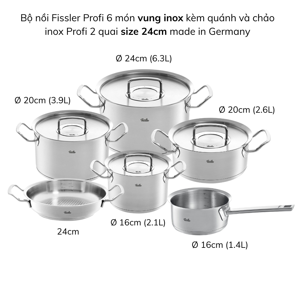 Bộ nồi Fissler Profi 6 món kèm quánh và chảo inox Profi 2 quai made in Germany