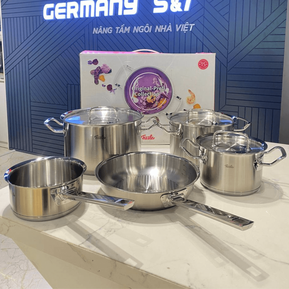 Bộ nồi Fissler Profi set 5 vung thép siêu cao cấp kèm quánh và chảo inox Profi 24/28 cm made in Germany