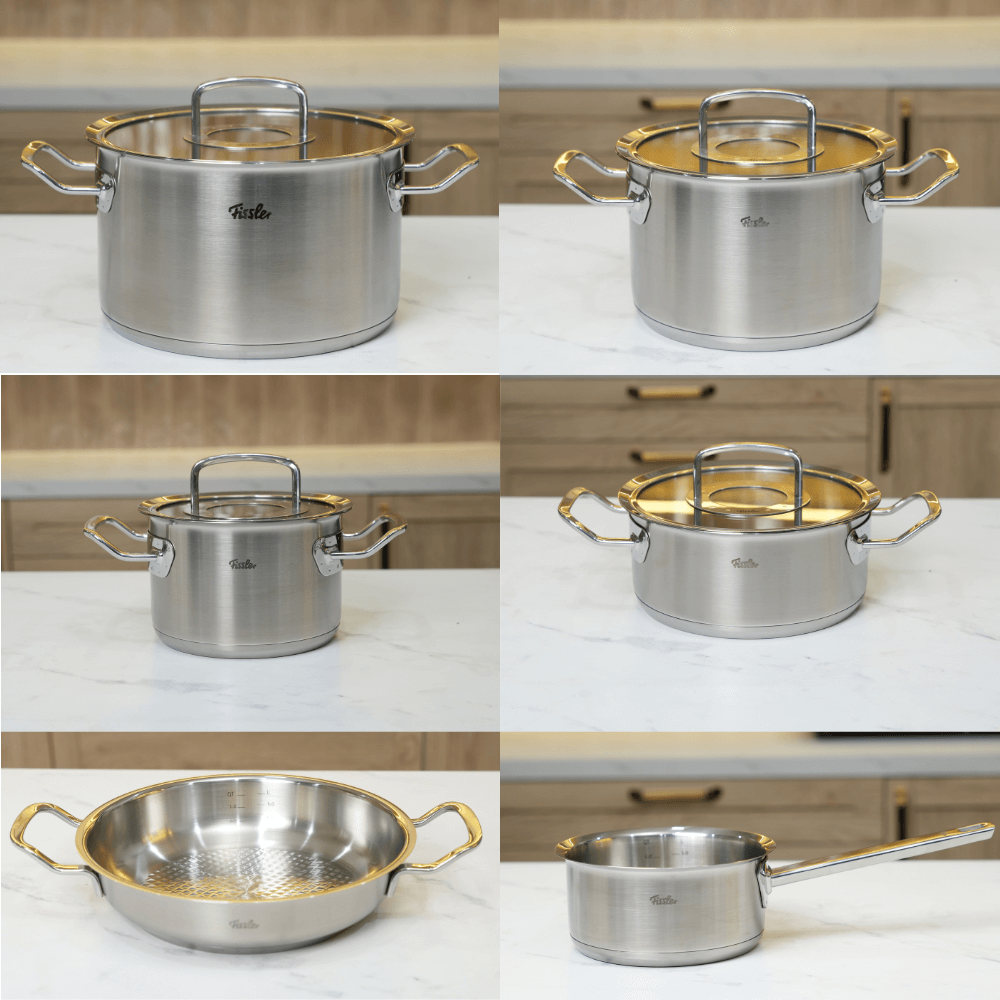 Bộ nồi Fissler Profi 6 món kèm quánh và chảo inox Profi 2 quai made in Germany