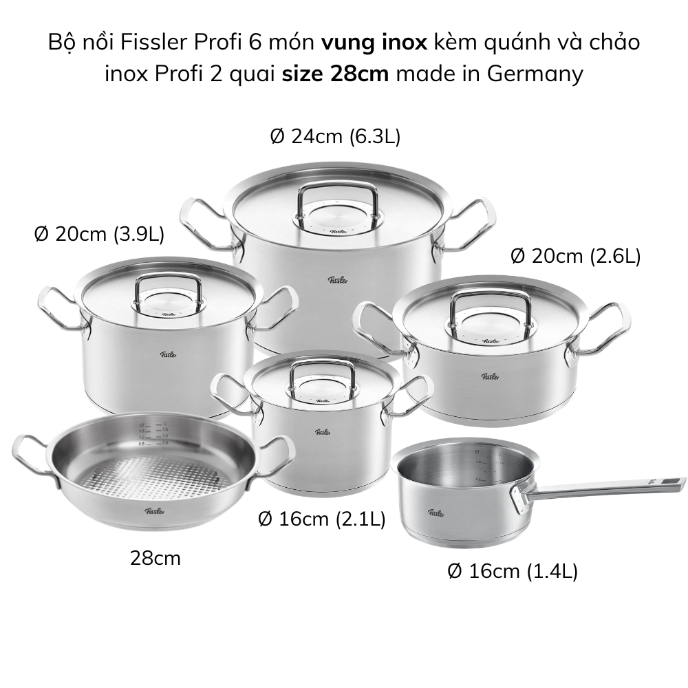 Bộ nồi Fissler Profi 6 món kèm quánh và chảo inox Profi 2 quai made in Germany