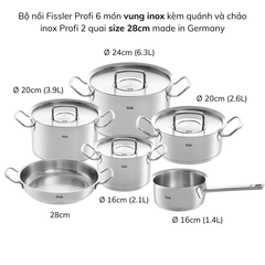 Bộ nồi Fissler Profi 6 món kèm quánh và chảo inox Profi 2 quai made in Germany