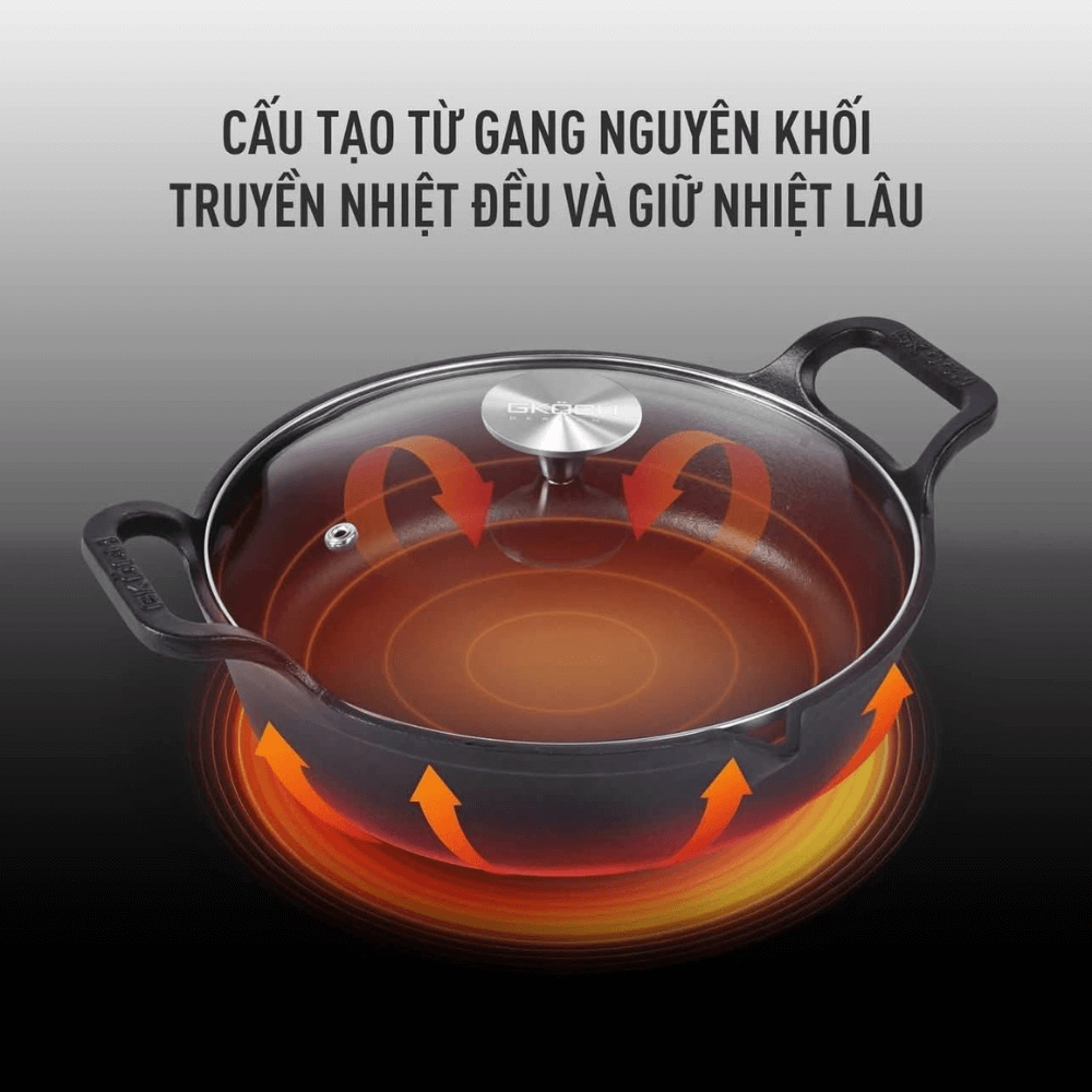 Chảo gang mỏ quạ nắp kính kèm vỉ ráo dầu GKÖCH 24cm Cip 21A