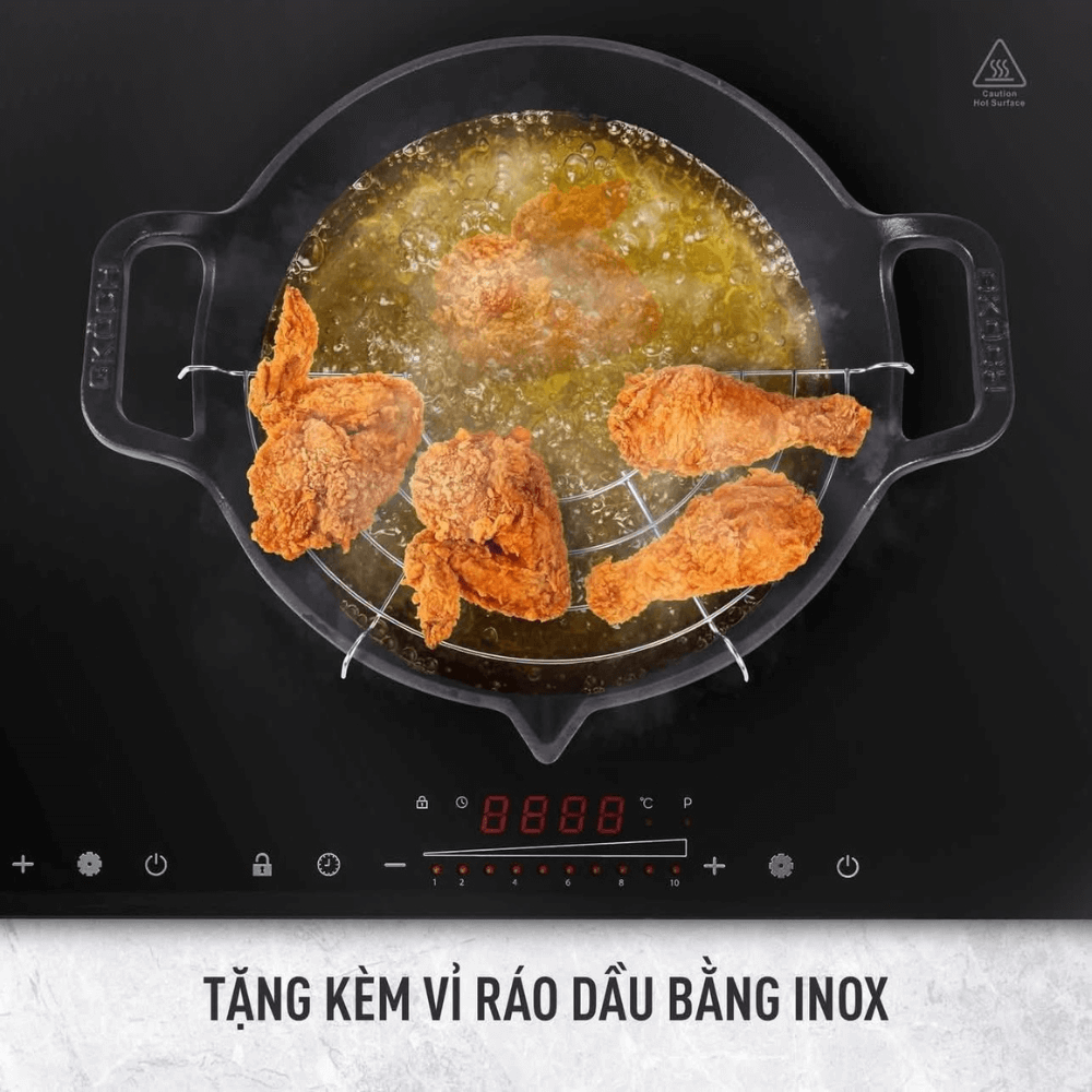 Chảo gang mỏ quạ nắp kính kèm vỉ ráo dầu GKÖCH 24cm Cip 21A