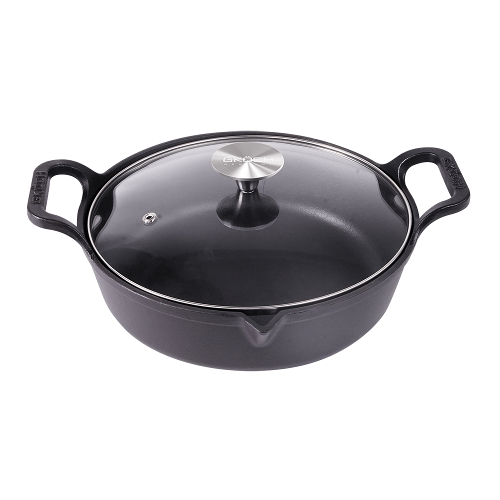 Chảo gang mỏ quạ nắp kính kèm vỉ ráo dầu GKÖCH 24cm Cip 21A