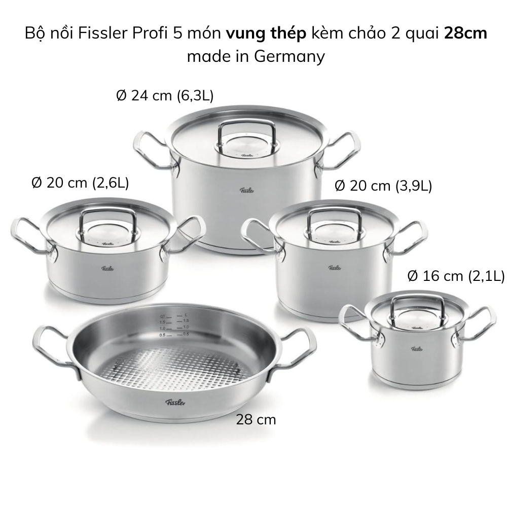 Bộ nồi Fissler Profi 5 món kèm chảo inox 2 quai Profi 24/28cm made in Germany