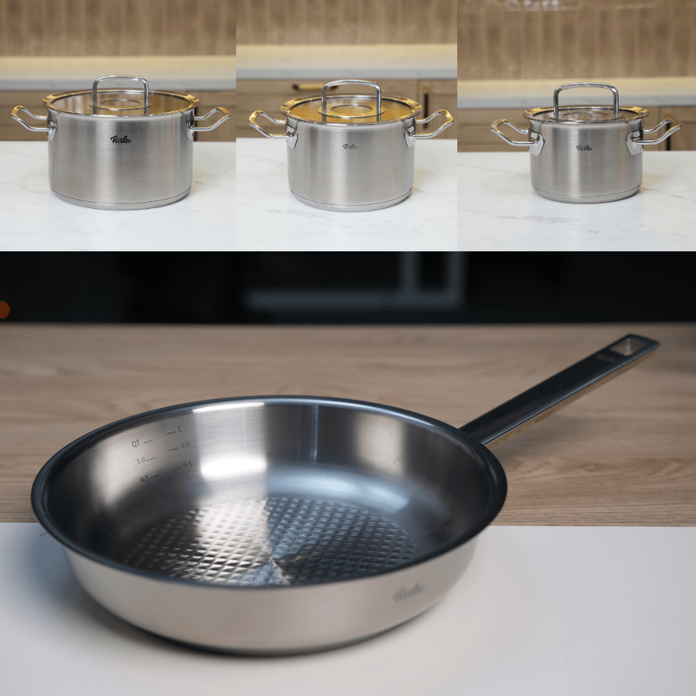 Bộ nồi Fissler Profi set 4 món vung kính kèm chảo Fissler Profi tổ ong 24/28cm made in Germany