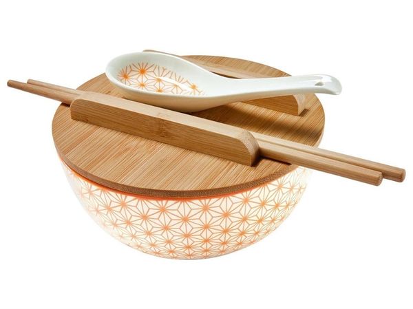 Set bát sứ nắp tre kèm thìa, đũa ăn mỳ phở ERNESTO hoa văn