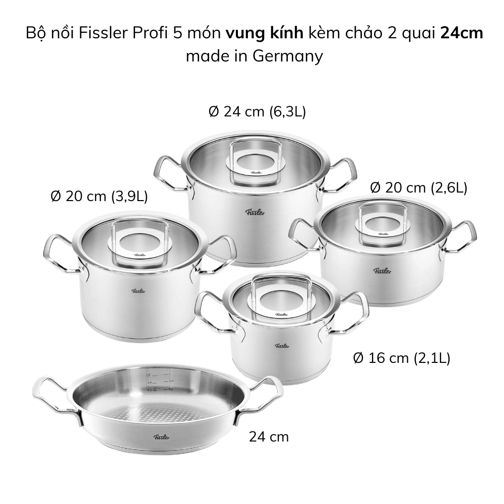Bộ nồi Fissler Profi 5 món kèm chảo inox 2 quai Profi 24/28cm made in Germany
